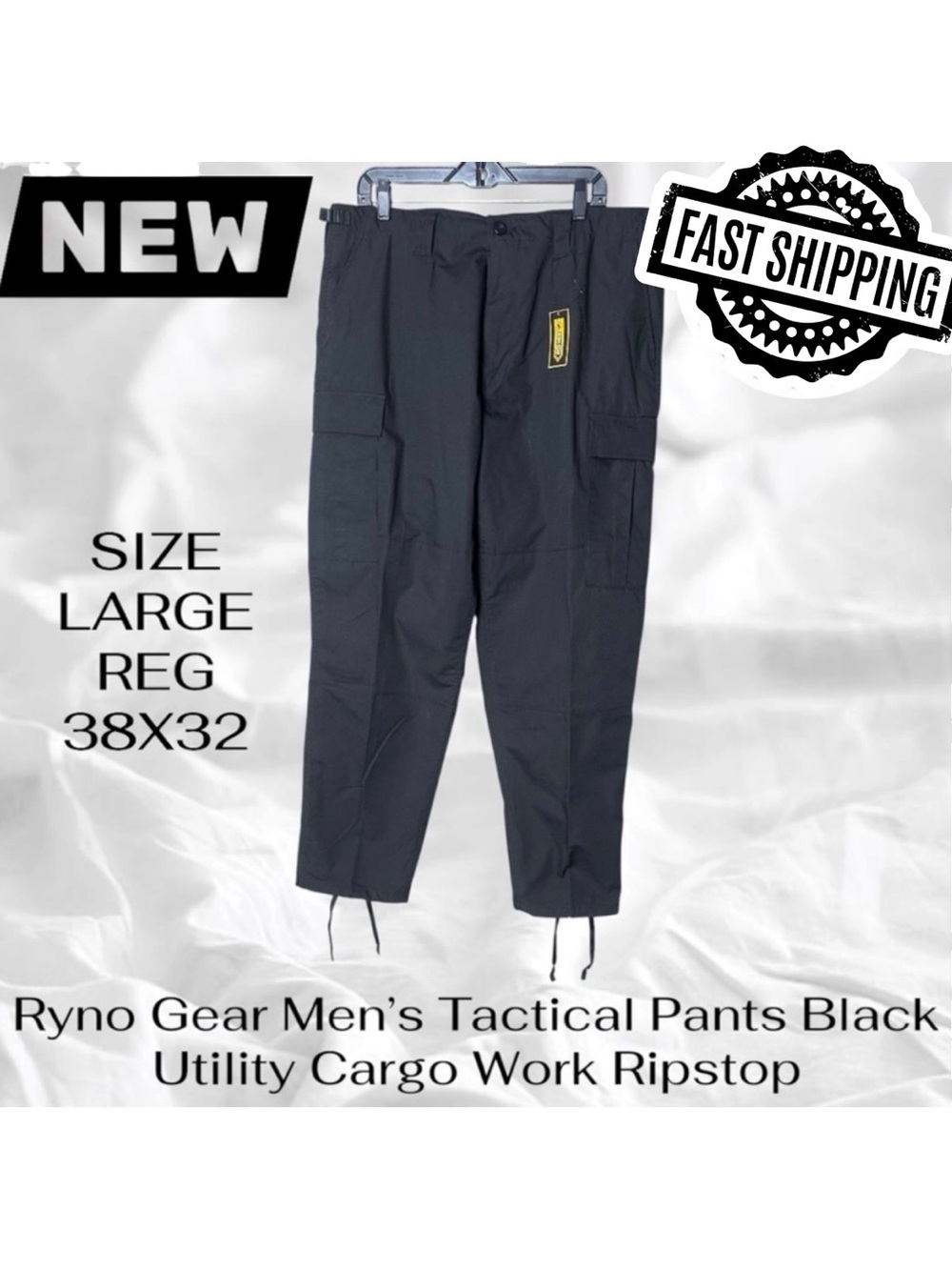 Ryno Gear Men’s Tactical Pants Large Reg 38x32 Black Utility Cargo Work Ripstop